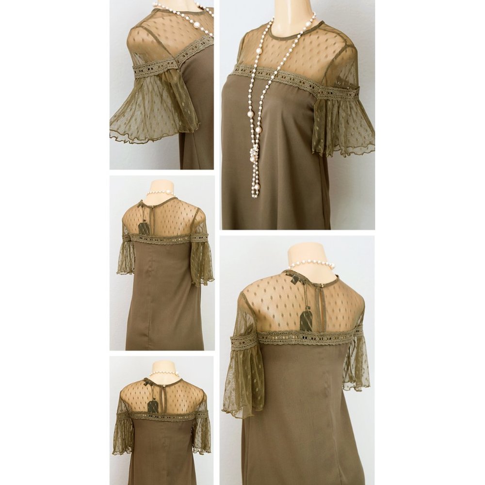 Olive Green Polka Dot Mesh Yoke Ruffle Shift Dress - Picture 3 of 8